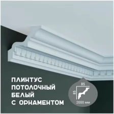 Карниз с орнаментом Fabello Decor C 138, плинтус потолочный белый грунтованный из полиуретана, профиль для потолка, 85*85*2000 мм